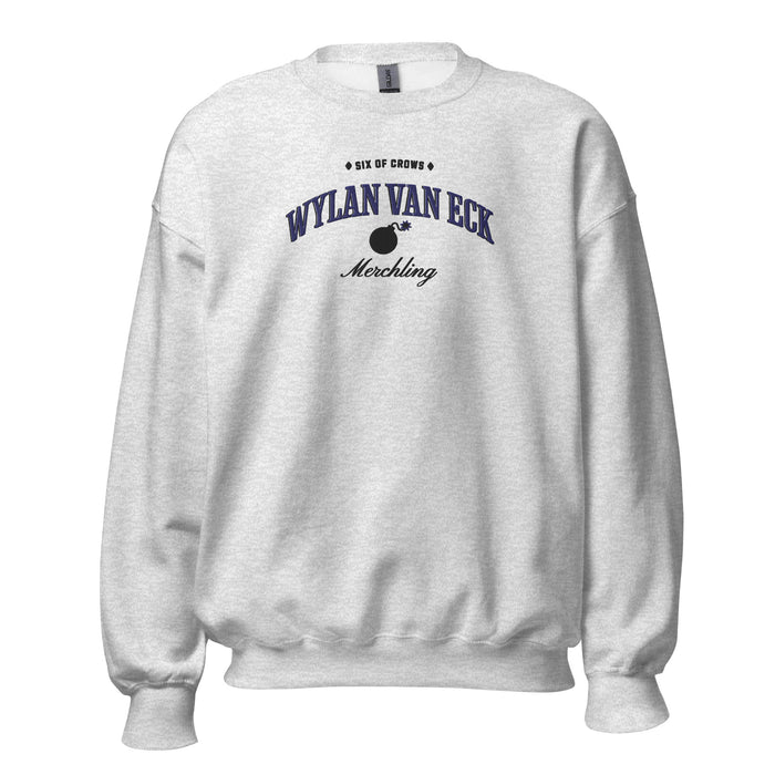 Wylan Van Eck Embroidered Sweatshirt - The Bean Workshop - Book Lover Gift, Bookish Sweatshirt, Character Apparel, Demolitions expert gift, Fantasy Character, Grishaverse, Ketterdam, Leigh Bardugo fan apparel for readers, LGBTQ Character, Six of Crows merchling merch, The Dregs, Wesper, Wylan Van Eck embroidered sweatshirt