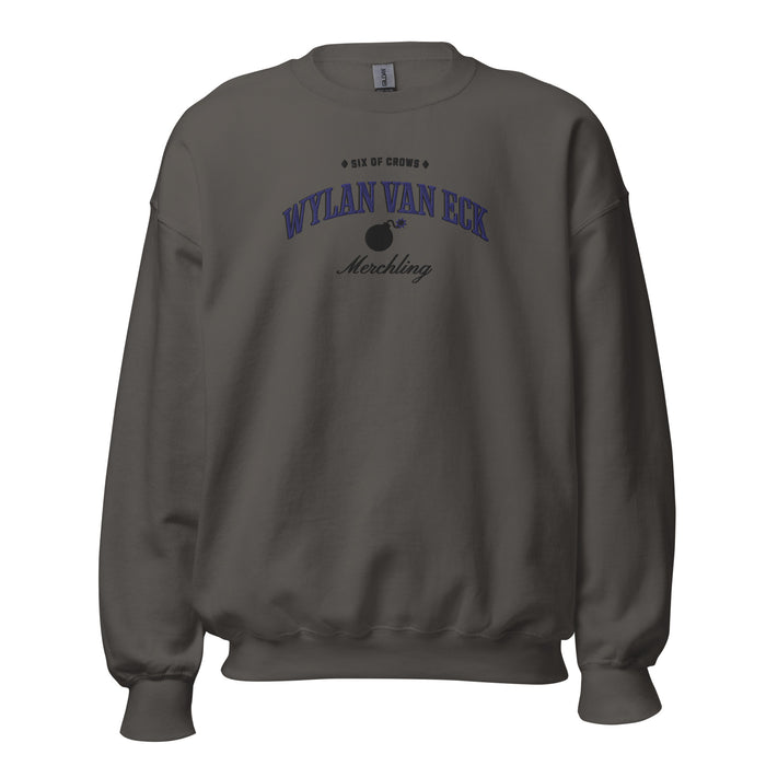 Wylan Van Eck Embroidered Sweatshirt - The Bean Workshop - Book Lover Gift, Bookish Sweatshirt, Character Apparel, Demolitions expert gift, Fantasy Character, Grishaverse, Ketterdam, Leigh Bardugo fan apparel for readers, LGBTQ Character, Six of Crows merchling merch, The Dregs, Wesper, Wylan Van Eck embroidered sweatshirt