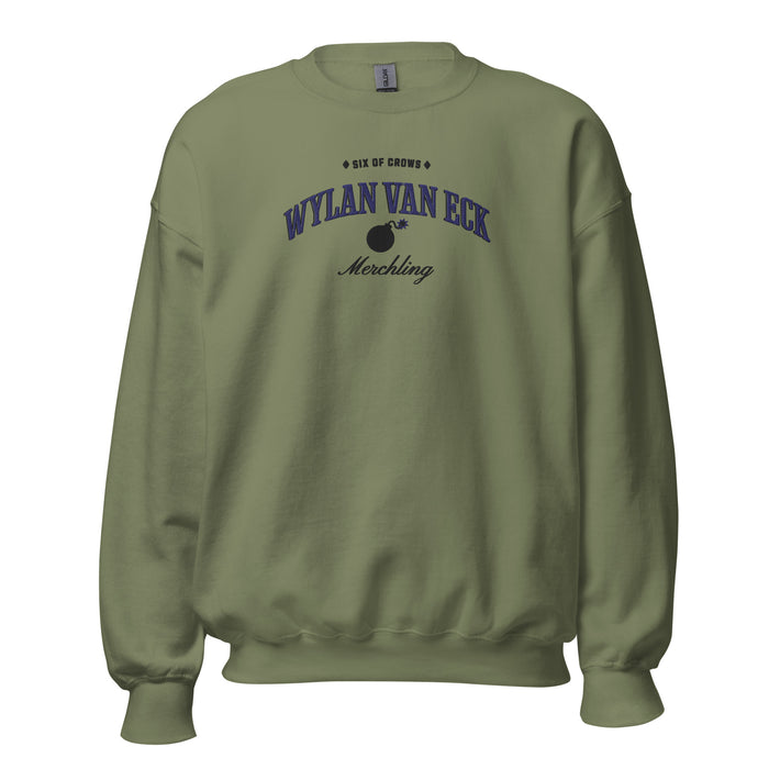 Wylan Van Eck Embroidered Sweatshirt - The Bean Workshop - Book Lover Gift, Bookish Sweatshirt, Character Apparel, Demolitions expert gift, Fantasy Character, Grishaverse, Ketterdam, Leigh Bardugo fan apparel for readers, LGBTQ Character, Six of Crows merchling merch, The Dregs, Wesper, Wylan Van Eck embroidered sweatshirt