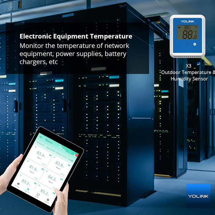 Server room with Yolink temperature monitoring device and tablet displaying temperature data.