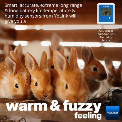 Farm animals with YoLink temperature and humidity sensor displayed to monitor their health.