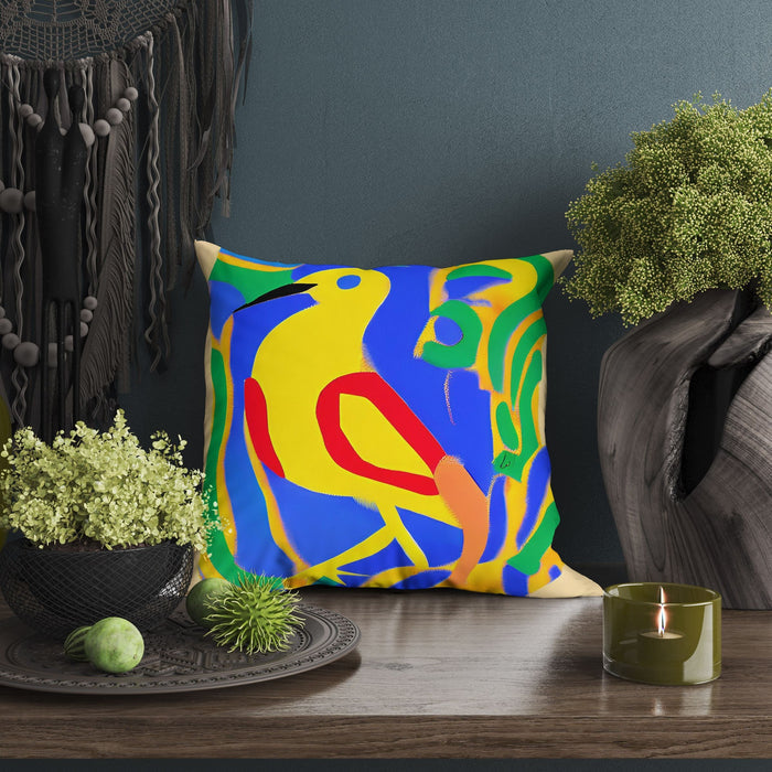 Yellow Bird, Toss Pillow, Abstract Art Pillow, Artist Pillow, Colorful Pillow Case, Modern Pillow, 24X24 Pillow Case, Housewarming Gift